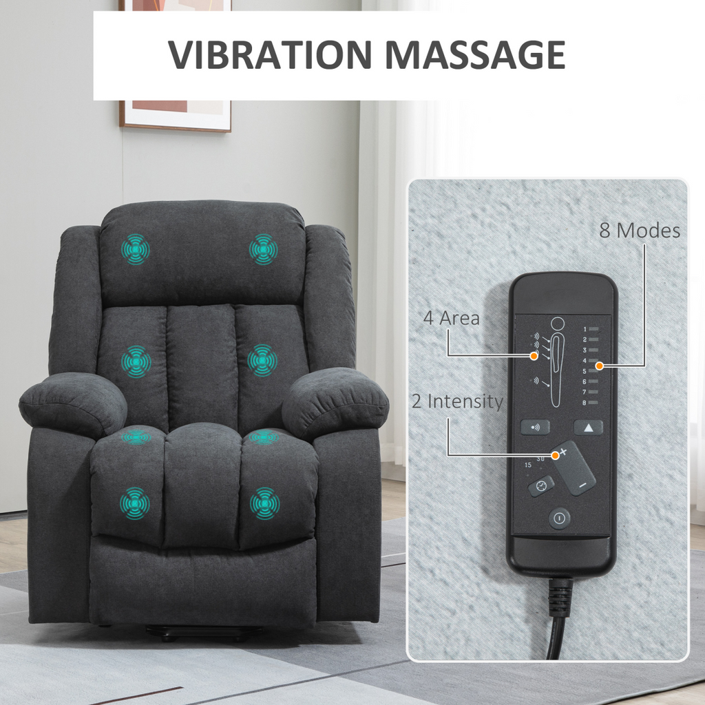 Heavy-duty HOMCOM riser and recliner chair in dark grey, featuring massage function and timer for elderly users.