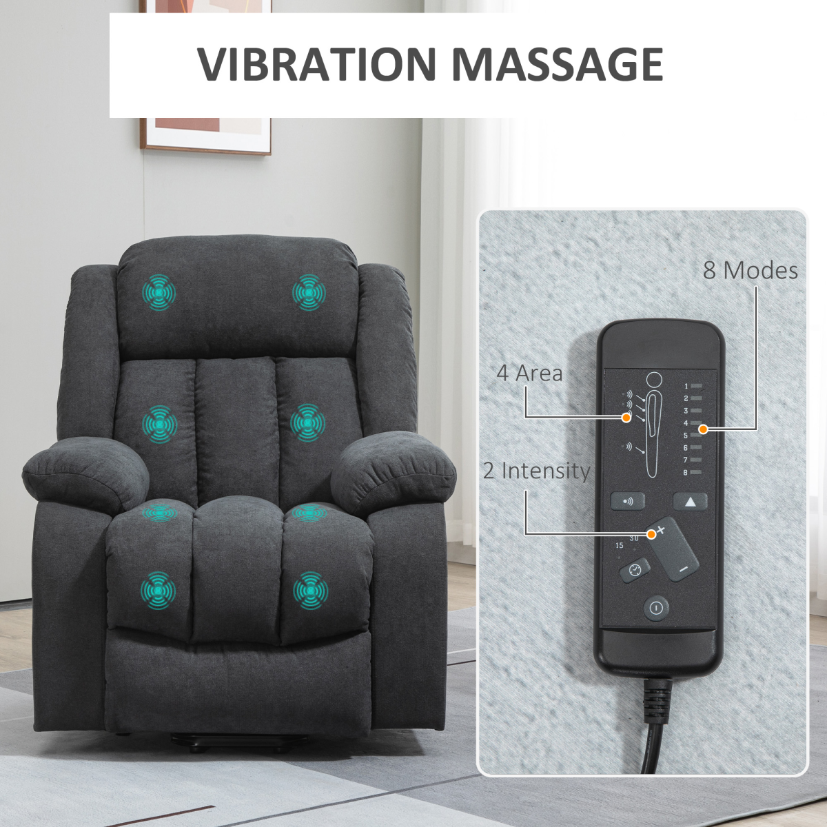 Heavy-duty HOMCOM riser and recliner chair in dark grey, featuring massage function and timer for elderly users.