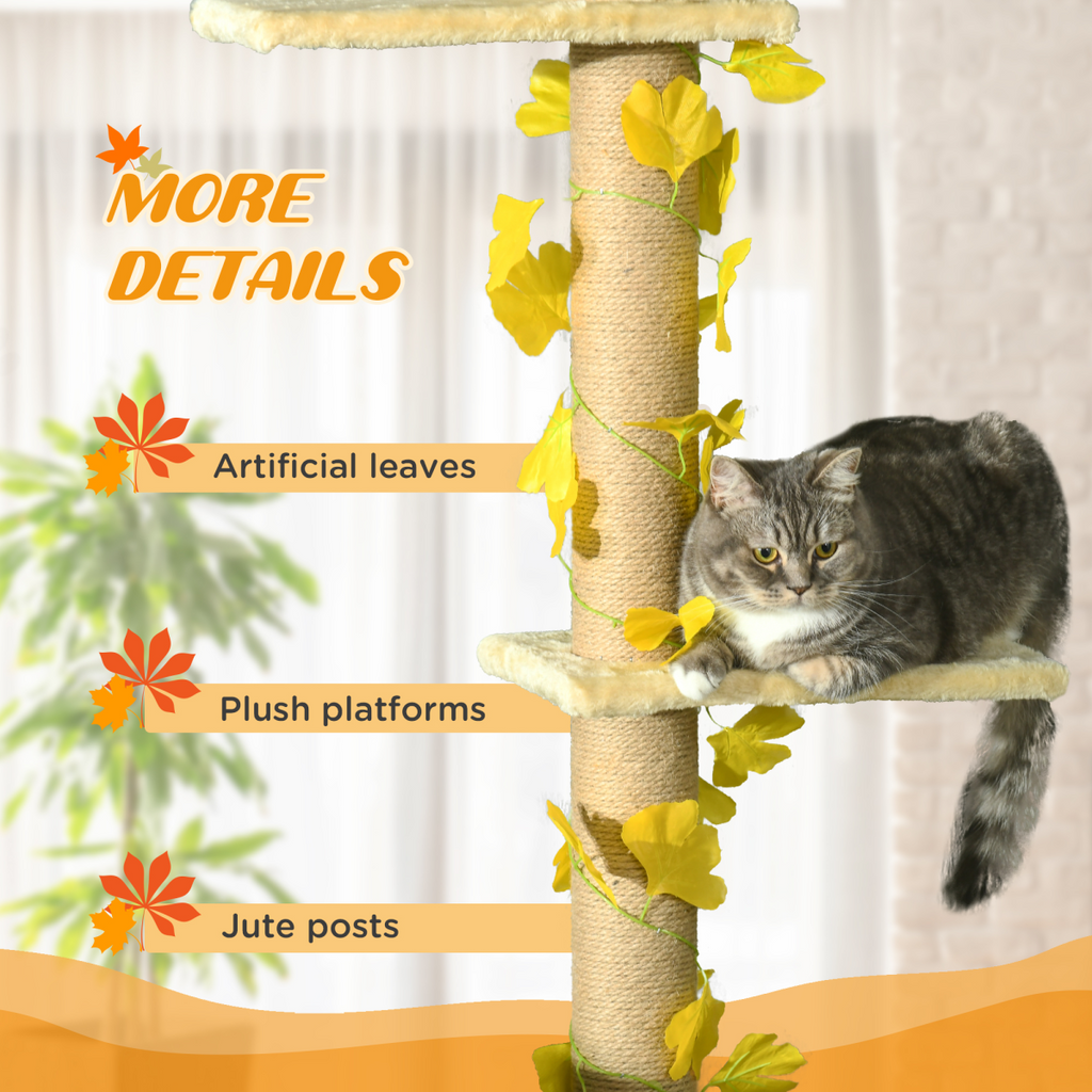 Yellow PawHut 242cm adjustable floor-to-ceiling cat tree with anti-slip kit and multiple platforms for climbing and resting.