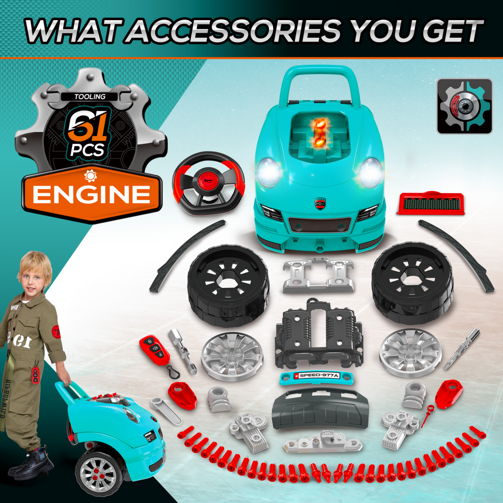 Teal green HOMCOM Kids Truck Engine Toy Set with horn, light, and car key for ages 3-5 years, showing colorful toy details.
