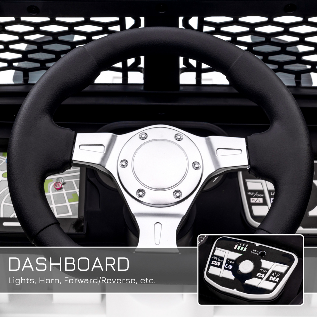 White 12V electric ride-on truck for kids, off-road SUV style, with remote control, suitable for ages 3-6.