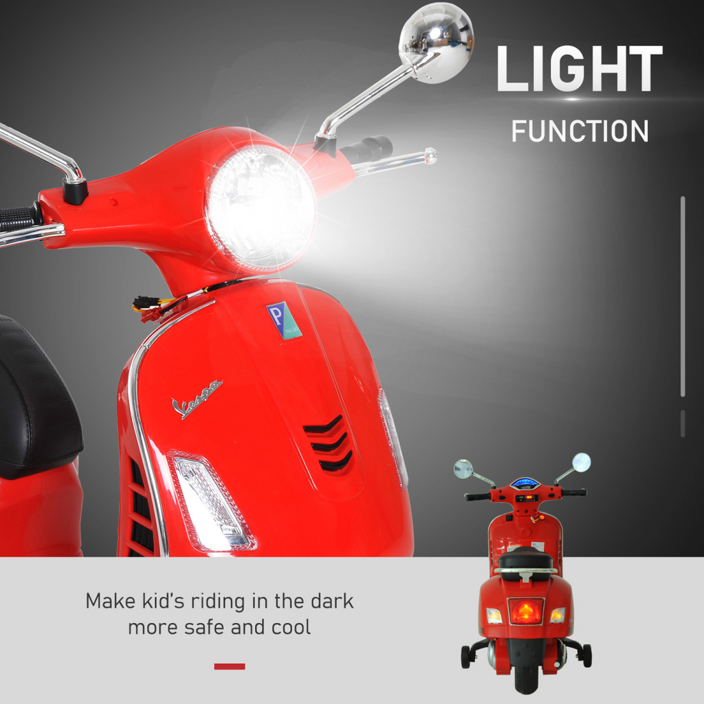 Kids ride-on Vespa motorcycle by HOMCOM with LED lights and music, designed for boys and girls.