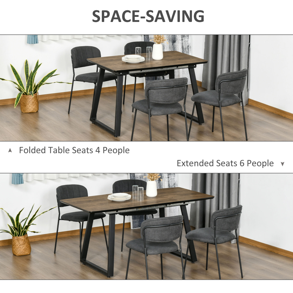 Extendable rectangular dining table with wood effect tabletop and metal frame by HomeCraft. Ideal for modern dining spaces.