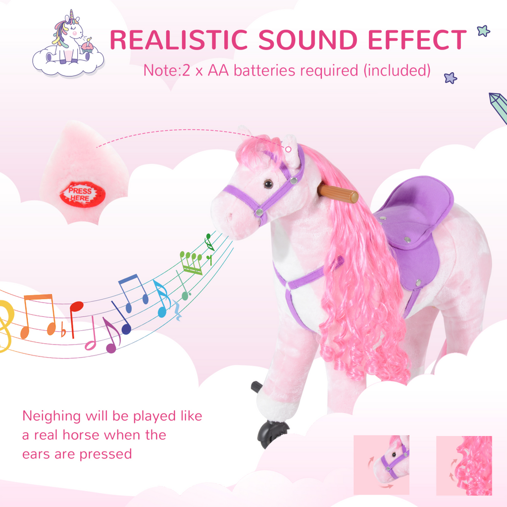 Child riding a plush mechanical horse toy by HOMCOM, featuring sounds and a soft, comfortable design for playtime.