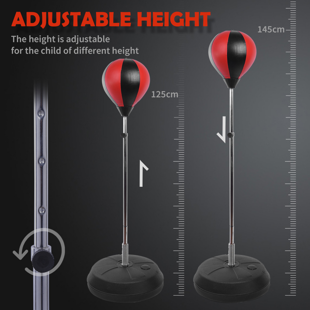 Kids boxing punching ball set with adjustable height and gloves for training, featuring vibrant colors and a sturdy base.