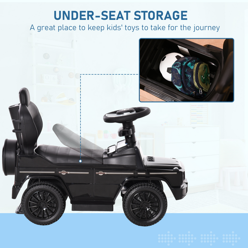 Licensed black Mercedes Benz G350 ride-on push car with sun canopy for toddlers aged 12-36 months.