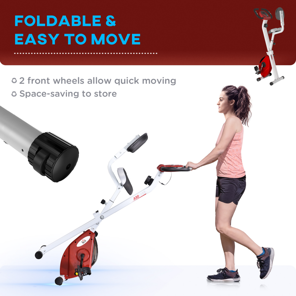 Foldable magnetic resistance exercise bike in red with adjustable seat and LCD display, designed for home workouts.