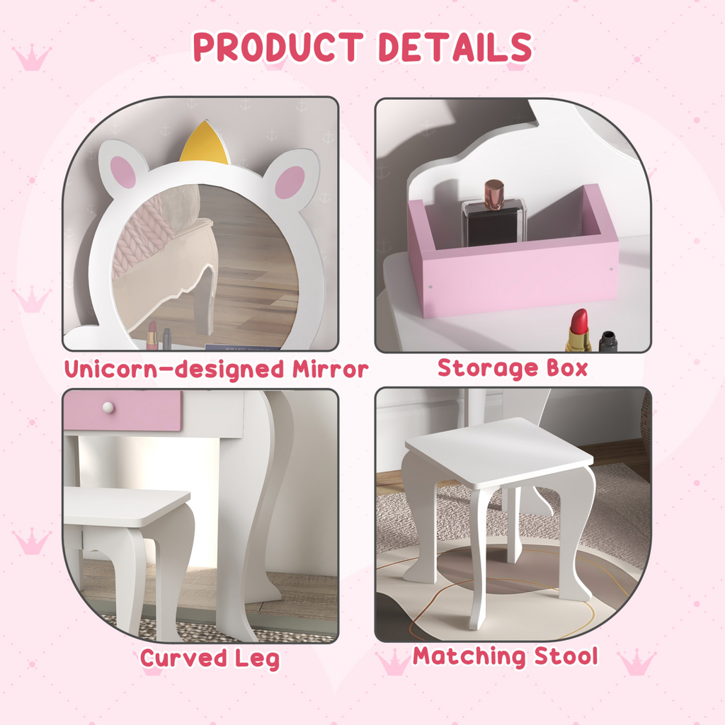 Kids Dressing Table with Mirror and Stool - Drawer & Storage Boxes - White