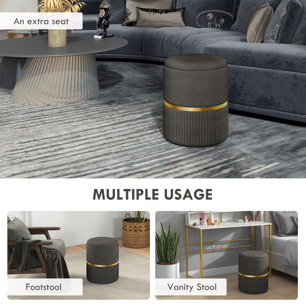 Grey velvet round storage pouffe with cushioned top and hidden space, designed by HOMCOM for stylish home organization.