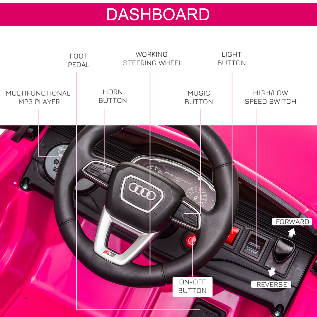 Pink Audi RS Q8 electric ride-on car with remote control for kids aged 3-5, featuring a sleek design and comfortable seat.