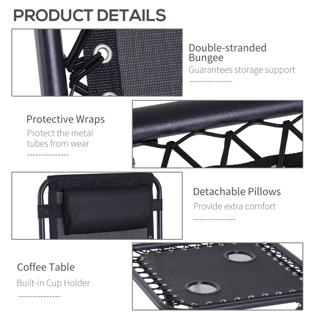 3PC Zero Gravity Chairs Sun Lounger Table Set w/ Cup Holders, Black Outsunny
