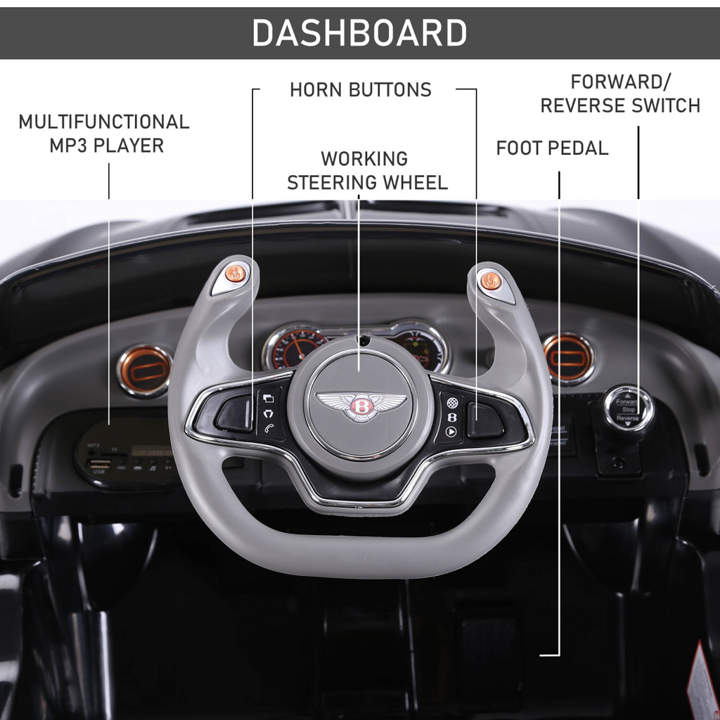 HOMCOM electric ride-on car in black with LED lights, music features, and parental remote control for kids.