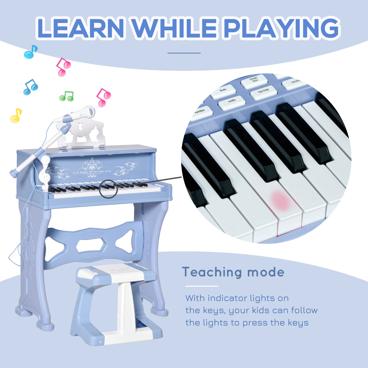 37-key electric keyboard piano by HOMCOM with microphone and stool, perfect for educational musical play.