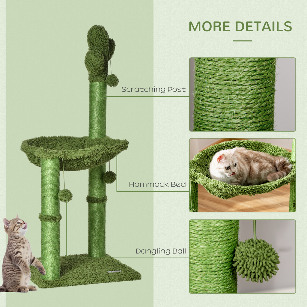 Cactus cat tree in green with scratching post, hammock, and toy ball for indoor cats by Pawhut.