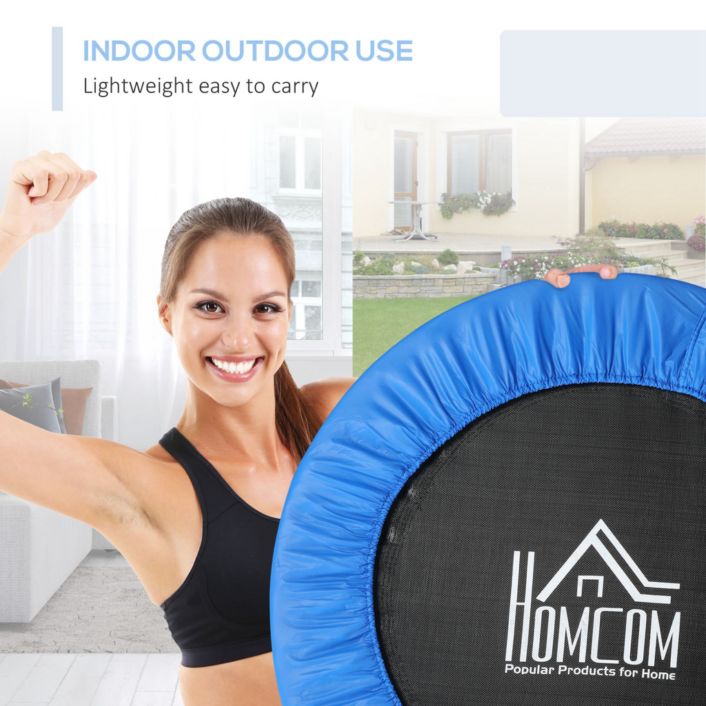 Blue foldable mini fitness trampoline by ActiveGear, showing a compact design suitable for home workouts.