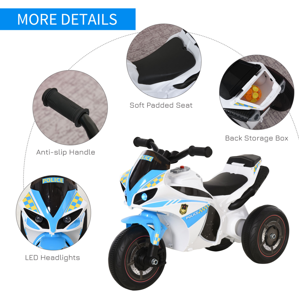 Kids ride-on police bike by FunZone, featuring three wheels, music, and lights for ages 18-36 months.