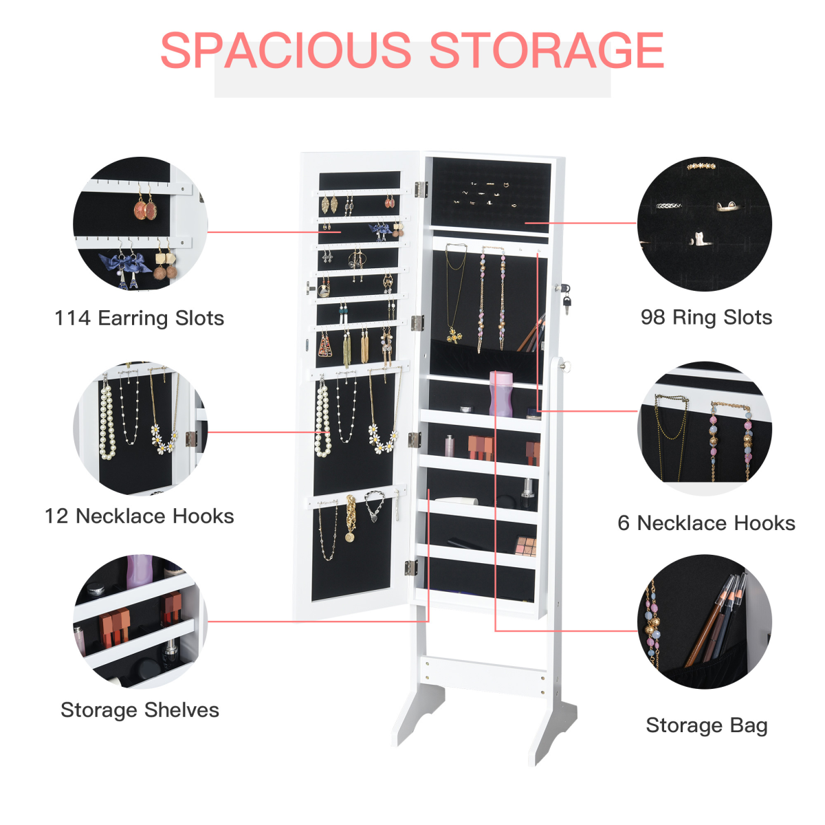 MDF Freestanding Glass Mirror Jewellery Cabinet - White