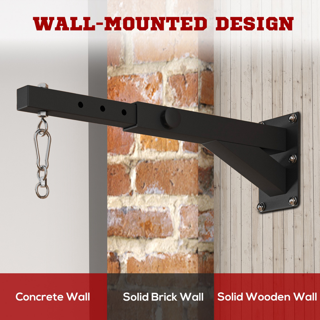 Wall-mounted SPORTNOW adjustable punch bag bracket for boxing training, showcasing its five-length settings and sturdy design.