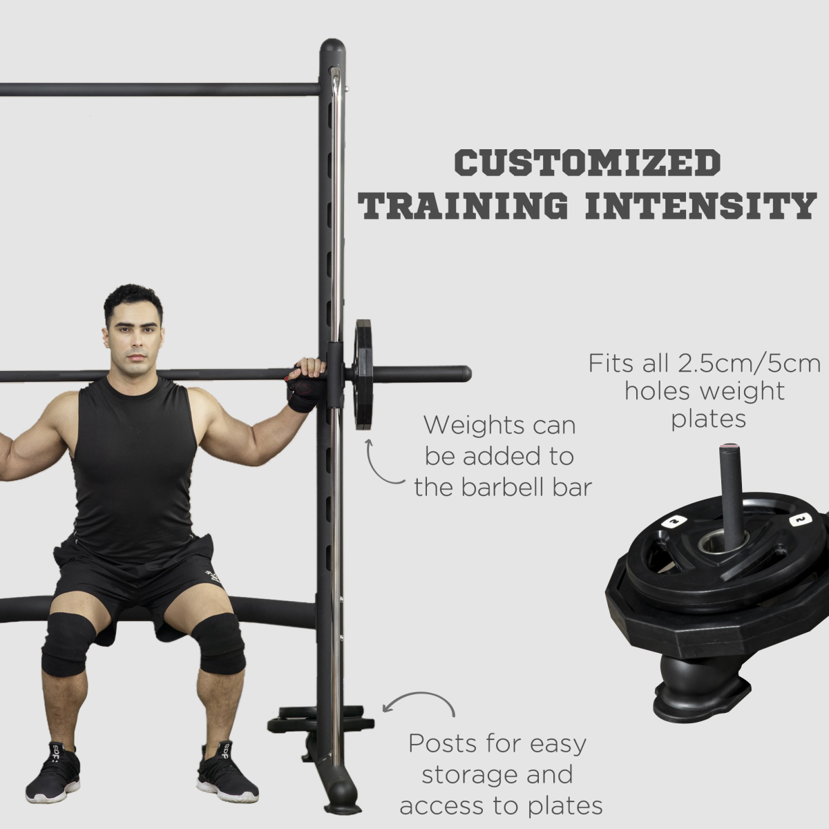 HOMCOM adjustable squat rack with pull-up bar and barbell bar set up in a home gym environment.