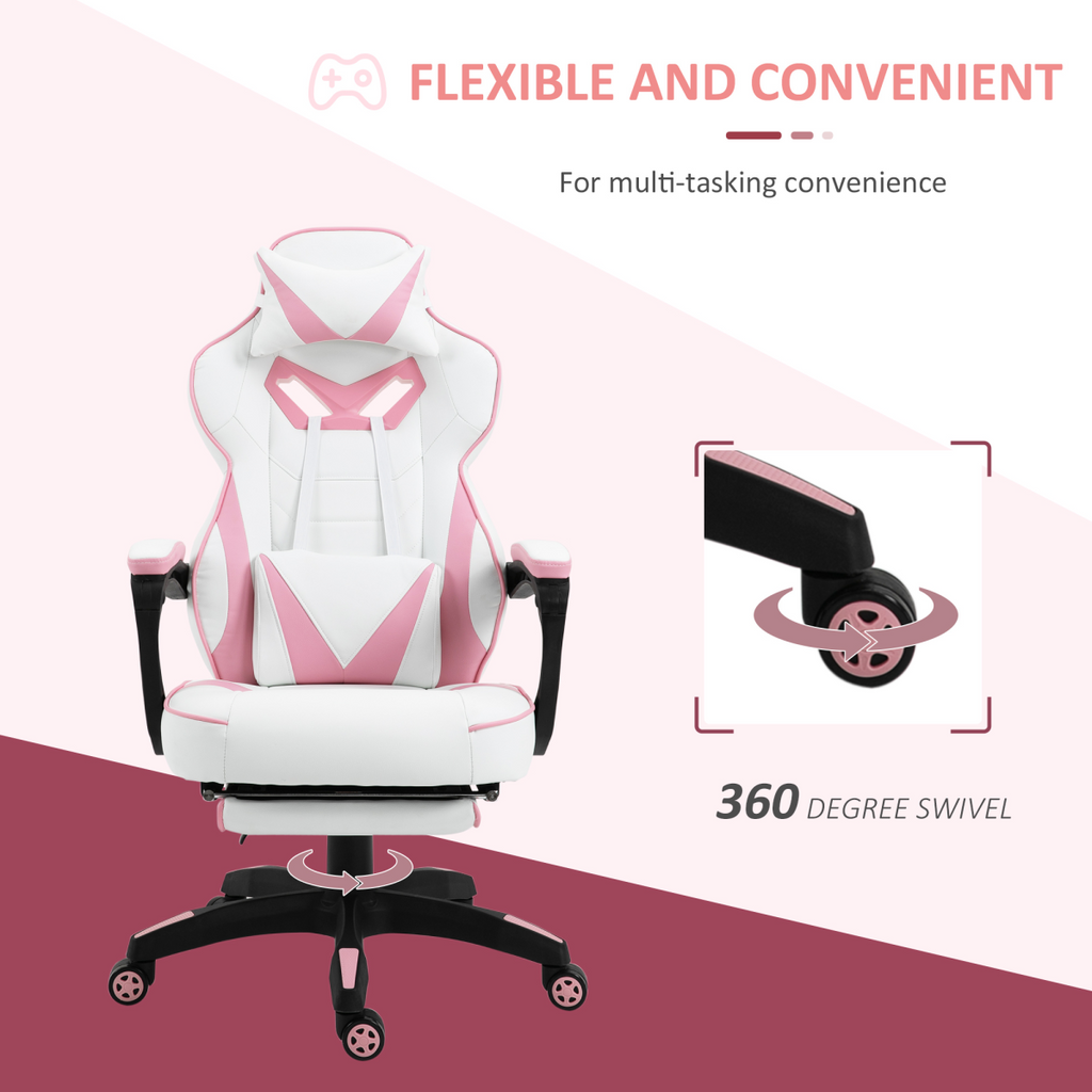 Gaming Chair Ergonomic Reclining w/ Manual Footrest Wheels Stylish Office Pink