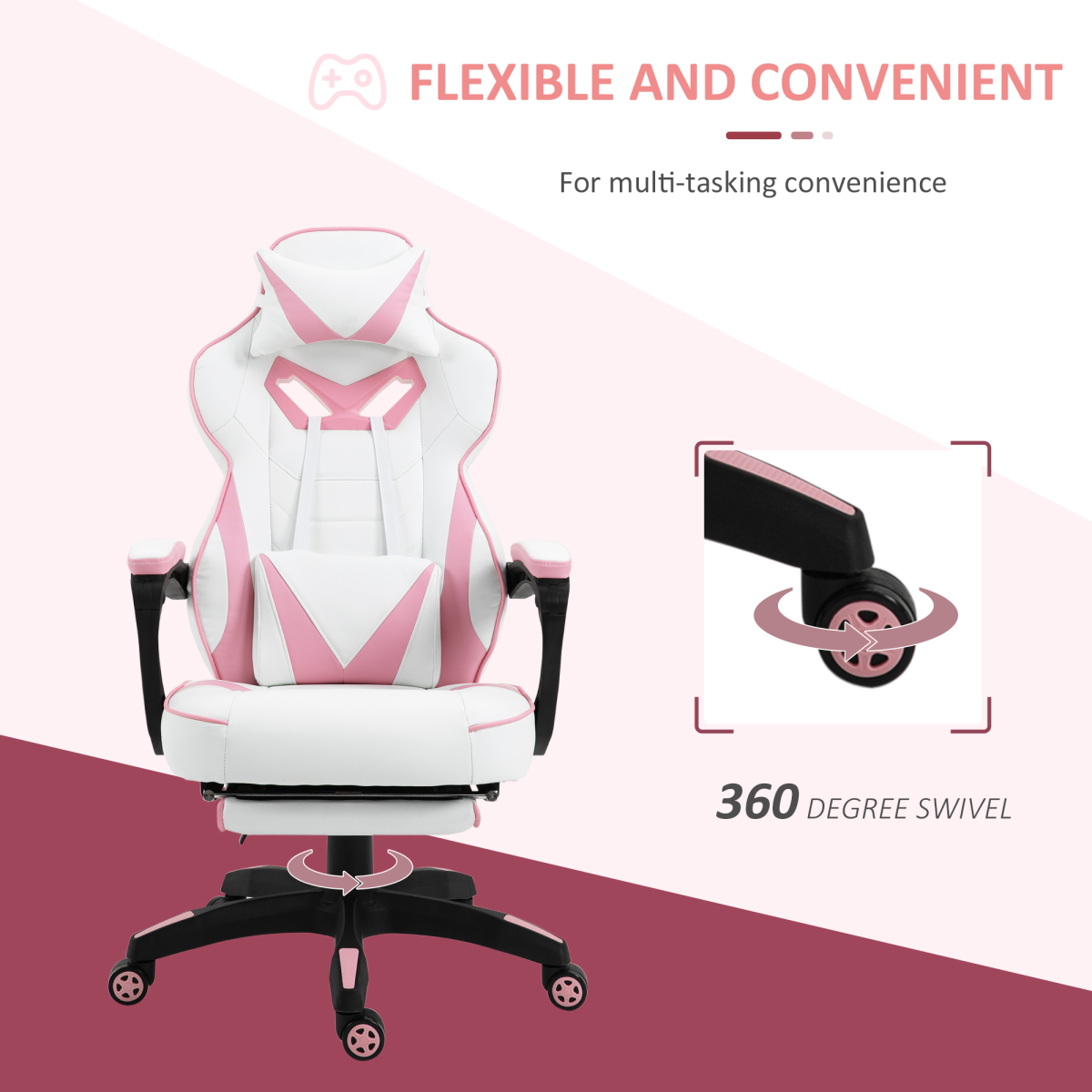 Gaming Chair Ergonomic Reclining w/ Manual Footrest Wheels Stylish Office Pink