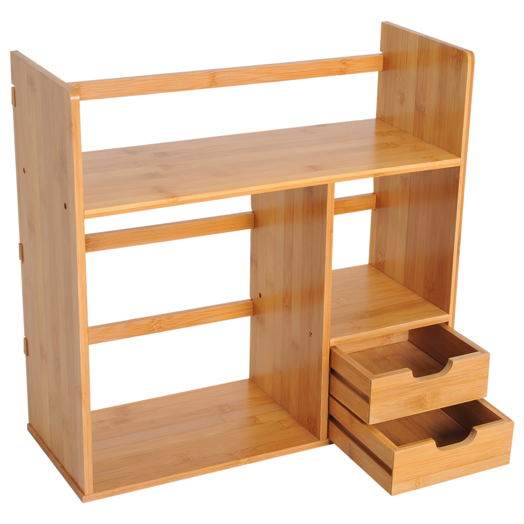 HOMCOM bamboo desk organiser featuring a rotatable design and two drawers for efficient desktop storage.