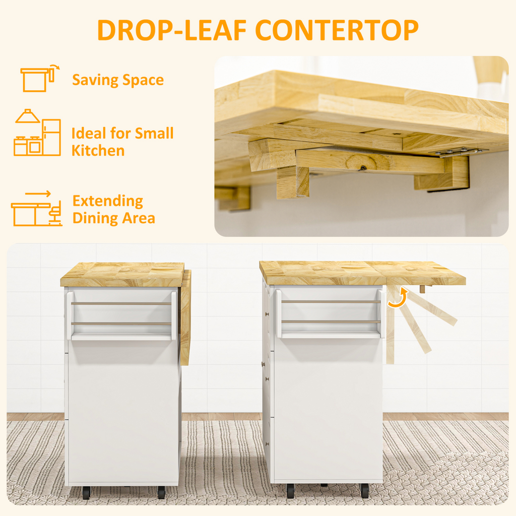 Drop-leaf kitchen island on wheels with drawers and cabinet, showcasing a versatile storage cart for home use.