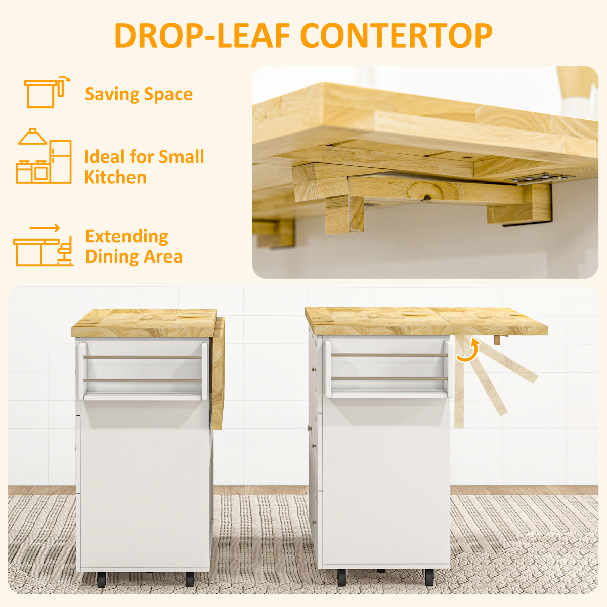Drop-leaf kitchen island on wheels with drawers and cabinet, showcasing a versatile storage cart for home use.
