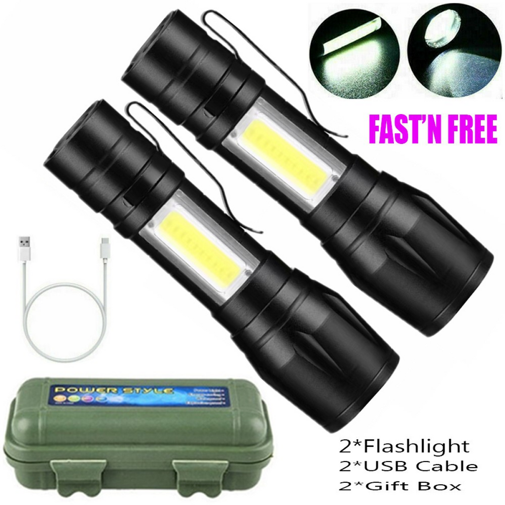 2 Pack USB Rechargeable Small LED Flashlights Camping Flashlight Work Light