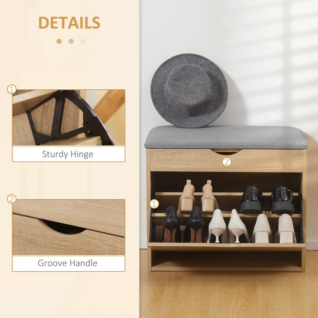 HOMCOM entryway shoe bench with cushioned seat and storage cabinet in natural finish, perfect for organizing shoes.