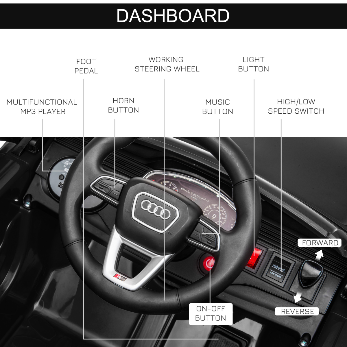 Black Audi RS Q8 kids electric ride-on car toy with remote control, USB, MP3, and Bluetooth features by FunZone.