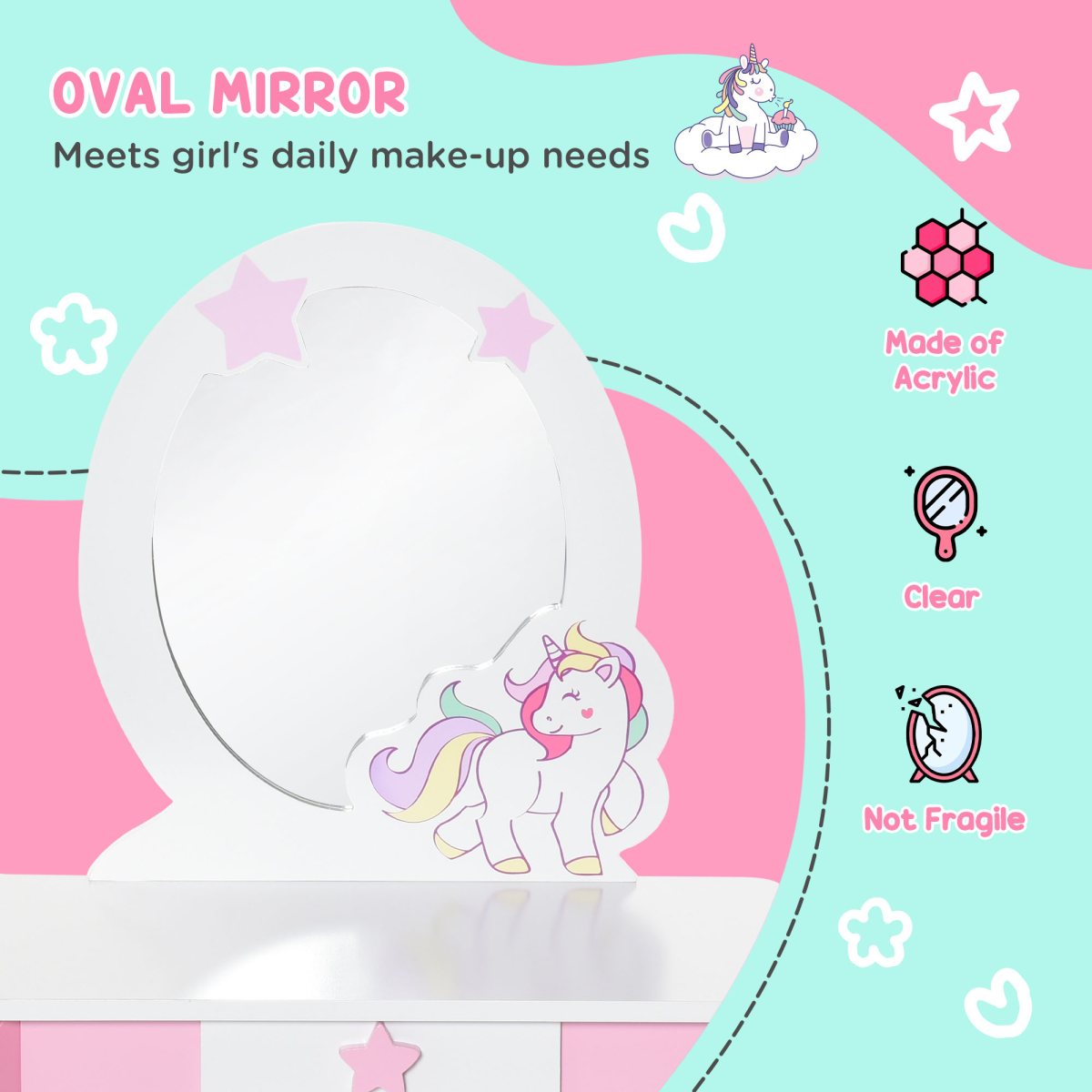 HOMCOM Kids Dressing Table with mirror and stool, featuring a colorful unicorn design for a fun vanity experience.