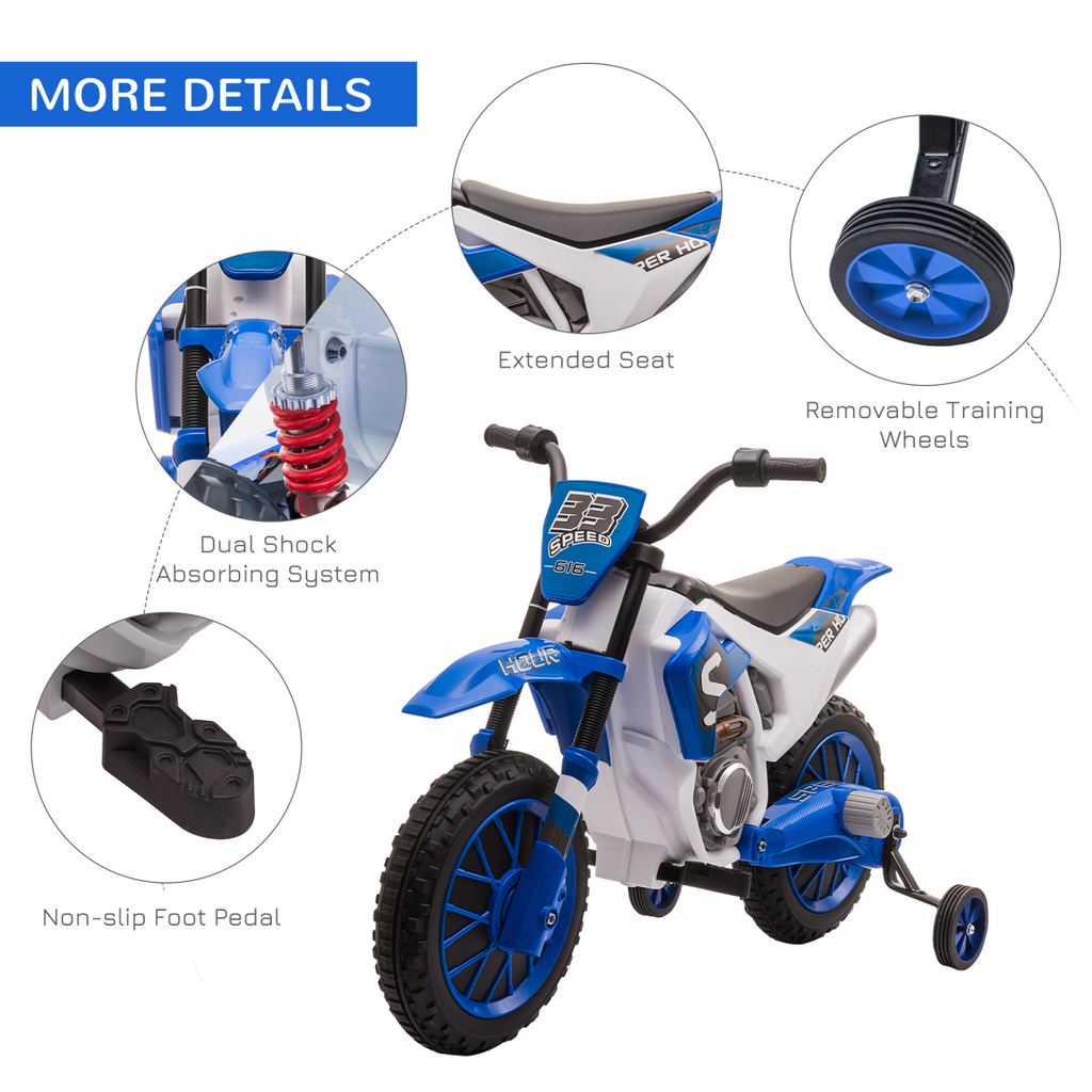 Blue HOMCOM 12V Kids Electric Motorbike with training wheels, designed for safe and fun riding experiences.