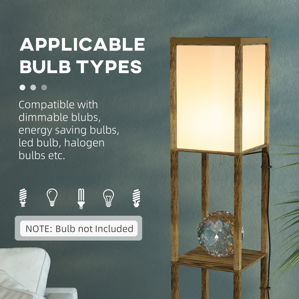 HOMCOM brown shelf floor lamp featuring dual lights and two display shelves for stylish home decor.