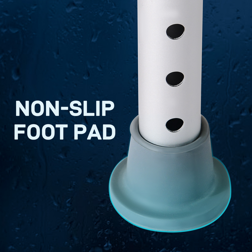 Adjustable height mobility shower stool with aluminum frame and non-slip surface, designed for safety and comfort.