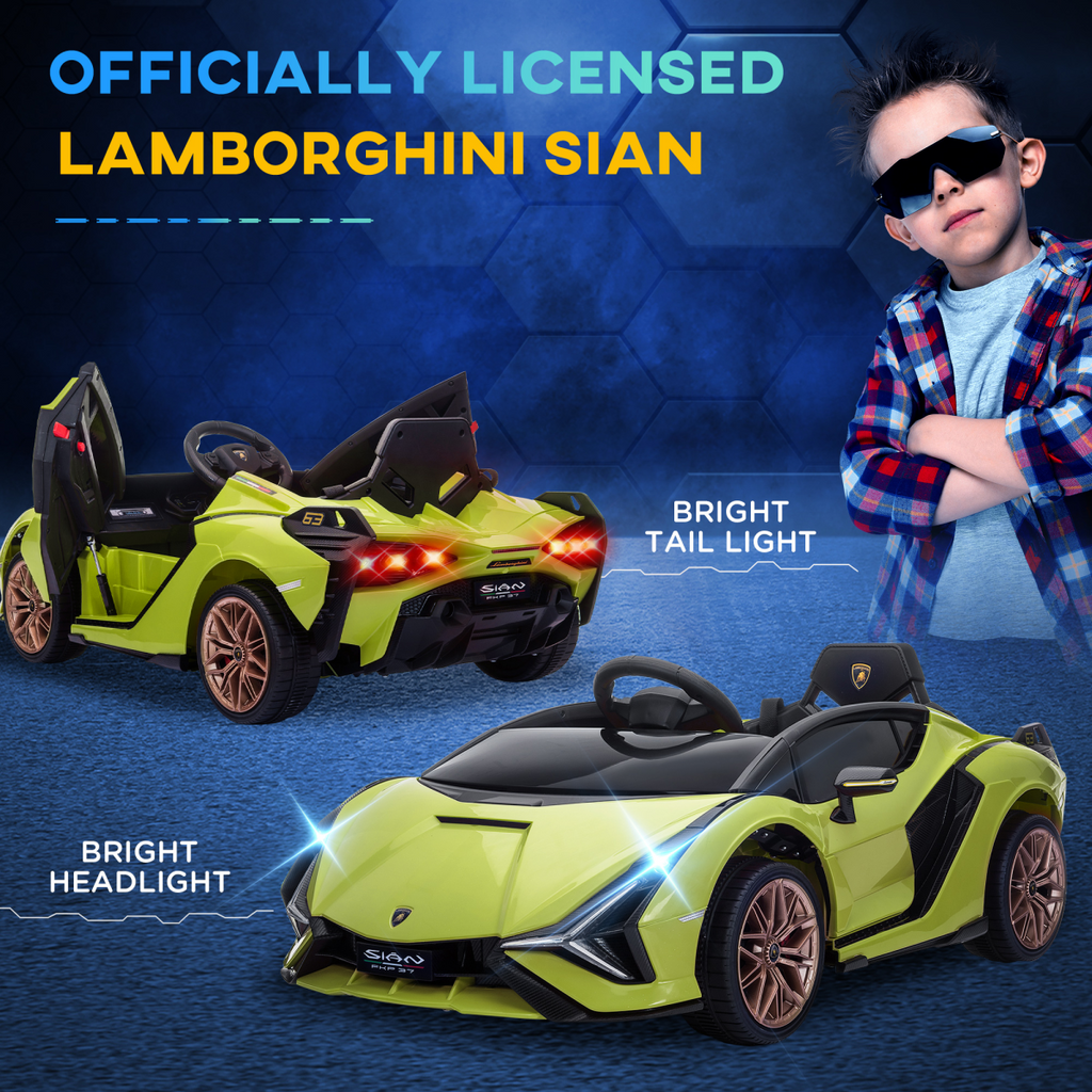 Licensed Lamborghini SIAN 12V electric ride-on car for kids, remote control, designed for ages 3-5, in vibrant colors.