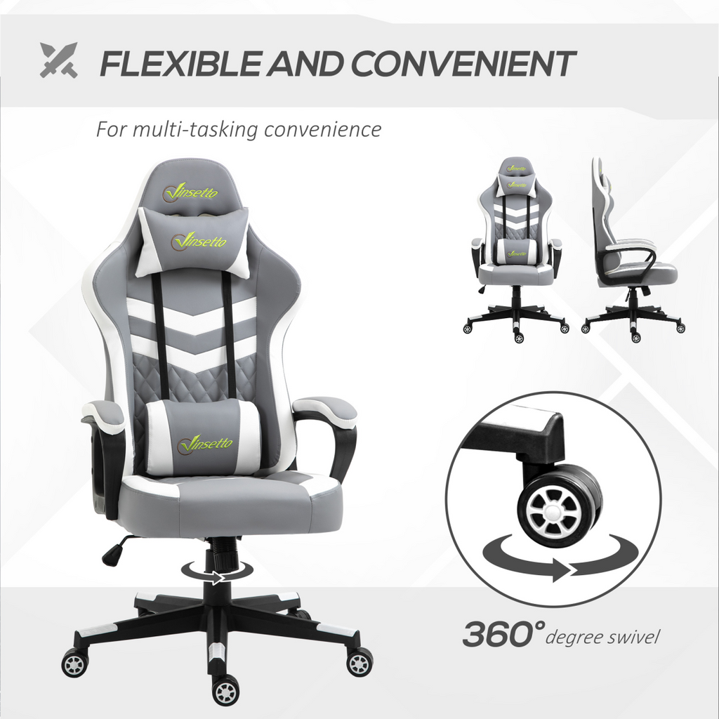 Grey and white Racing Gaming Chair with lumbar support and headrest, designed for comfort during gaming or office use.