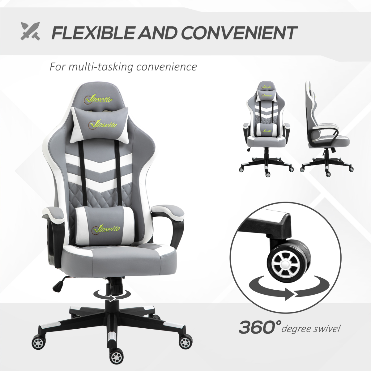 Grey and white Racing Gaming Chair with lumbar support and headrest, designed for comfort during gaming or office use.