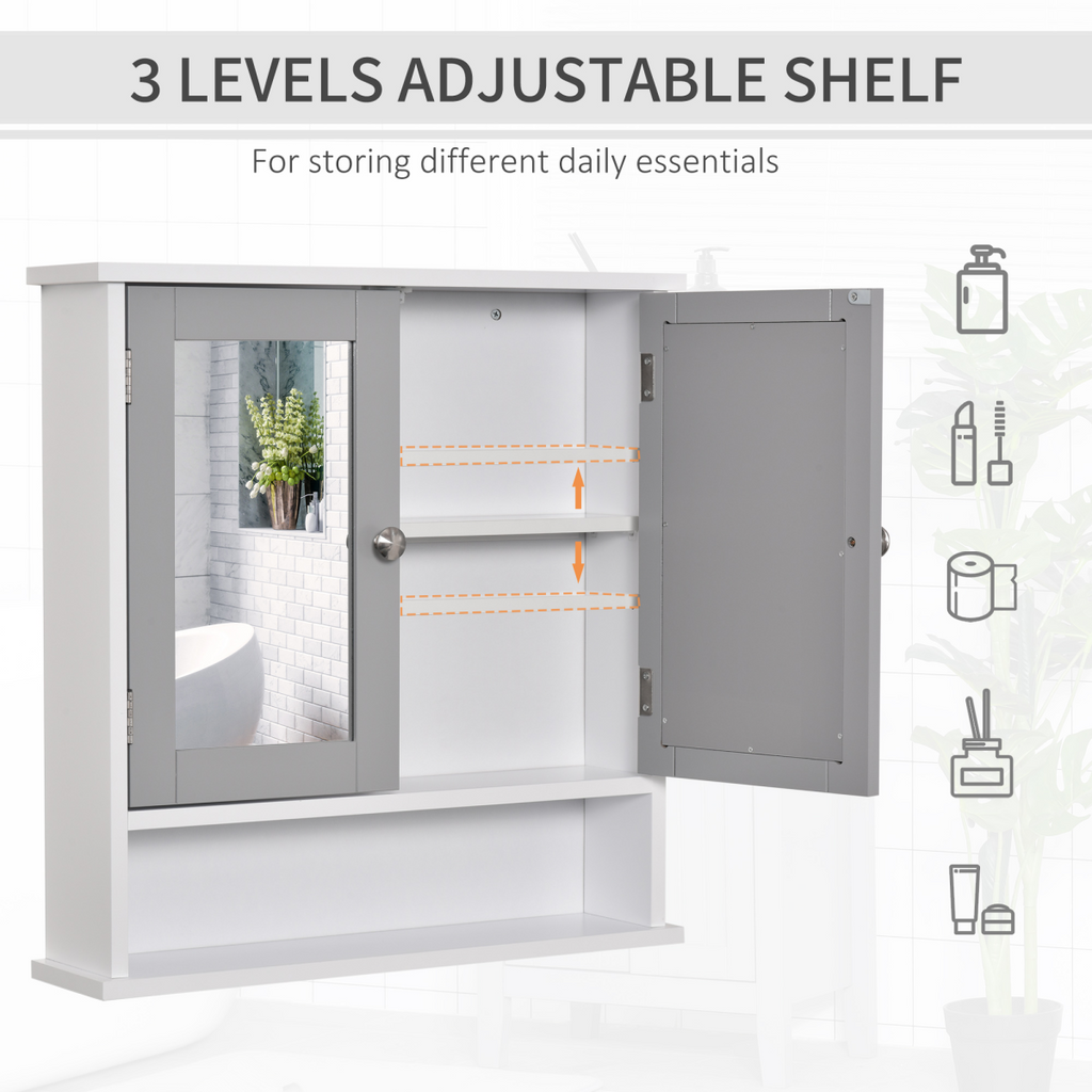 Wall Mounted Mirror Cabinet with Double Mirrored Doors - Grey Hanging Cabinet