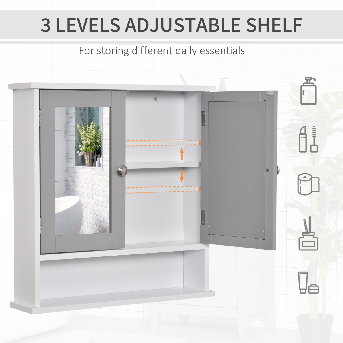 Wall Mounted Mirror Cabinet with Double Mirrored Doors - Grey Hanging Cabinet