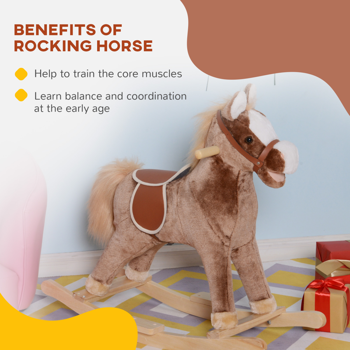 Kids wooden rocking horse by FunZone, featuring plush seat, sturdy construction, and vibrant colors for toddlers' playtime.