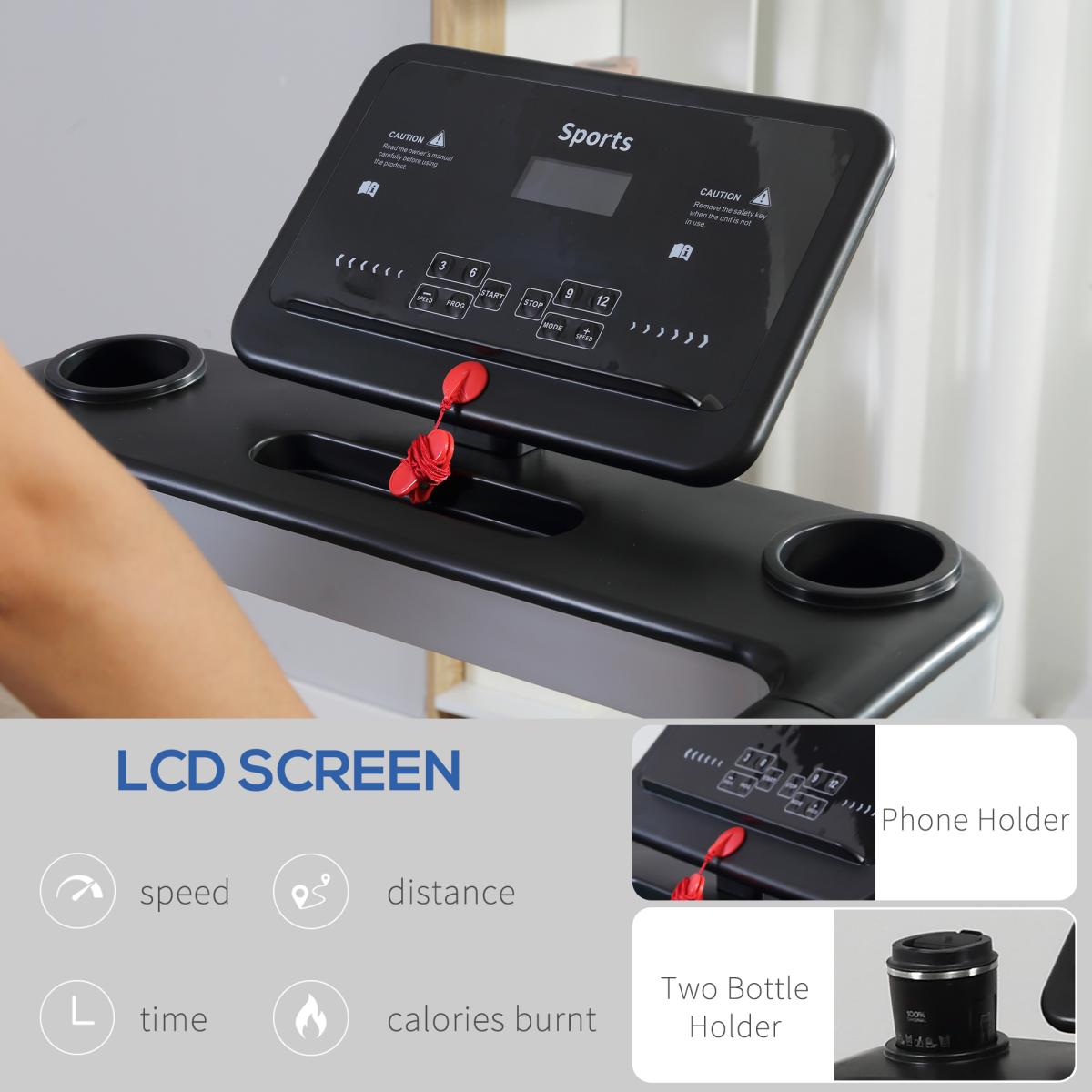 ActiveGear motorised treadmill with a folding frame, wheels, and digital display showing speed settings and preset programs.
