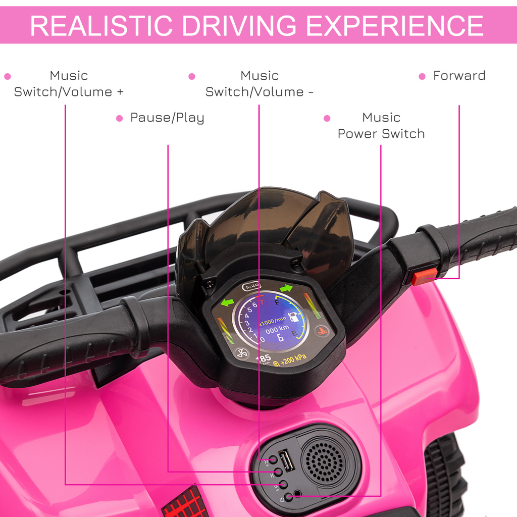 Pink Kids Ride-on Four Wheeler ATV Car by FunZone, designed for 18-36 months, featuring music and fun design.