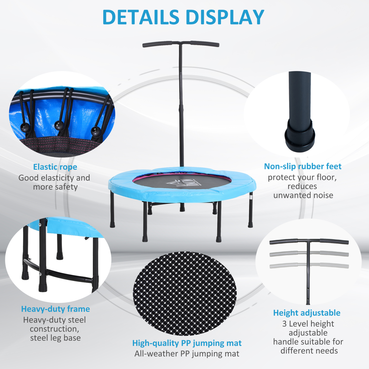 40" Mini Trampoline with adjustable handle, suitable for kids and adults, designed for fitness and rebounding exercise.