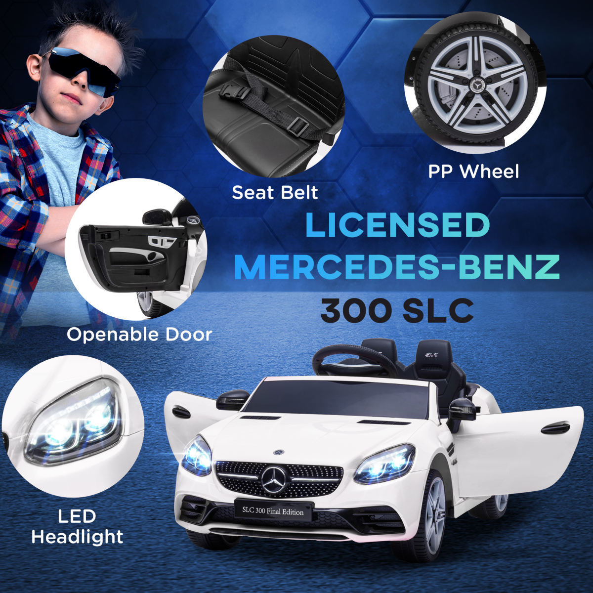 White HOMCOM FunZone 12V kids electric ride-on car with remote control and music features.