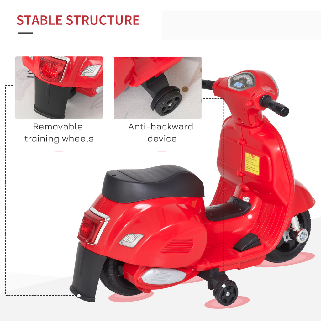 Kids ride-on Vespa motorcycle by FunZone, featuring a sleek design and powered by a 6V battery for outdoor fun.
