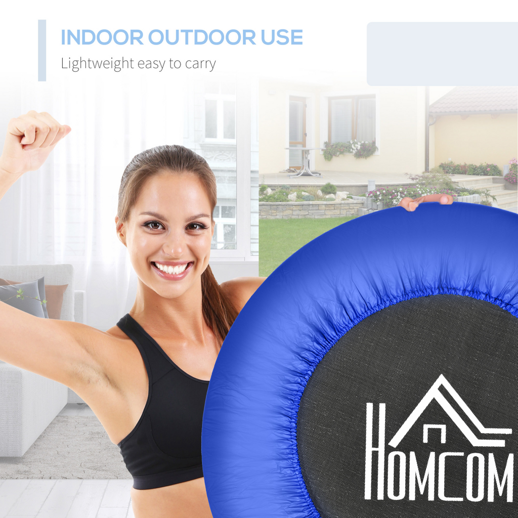 Blue and black 81cm HOMCOM fitness trampoline, foldable exercise rebounder with a max load of 100kg.