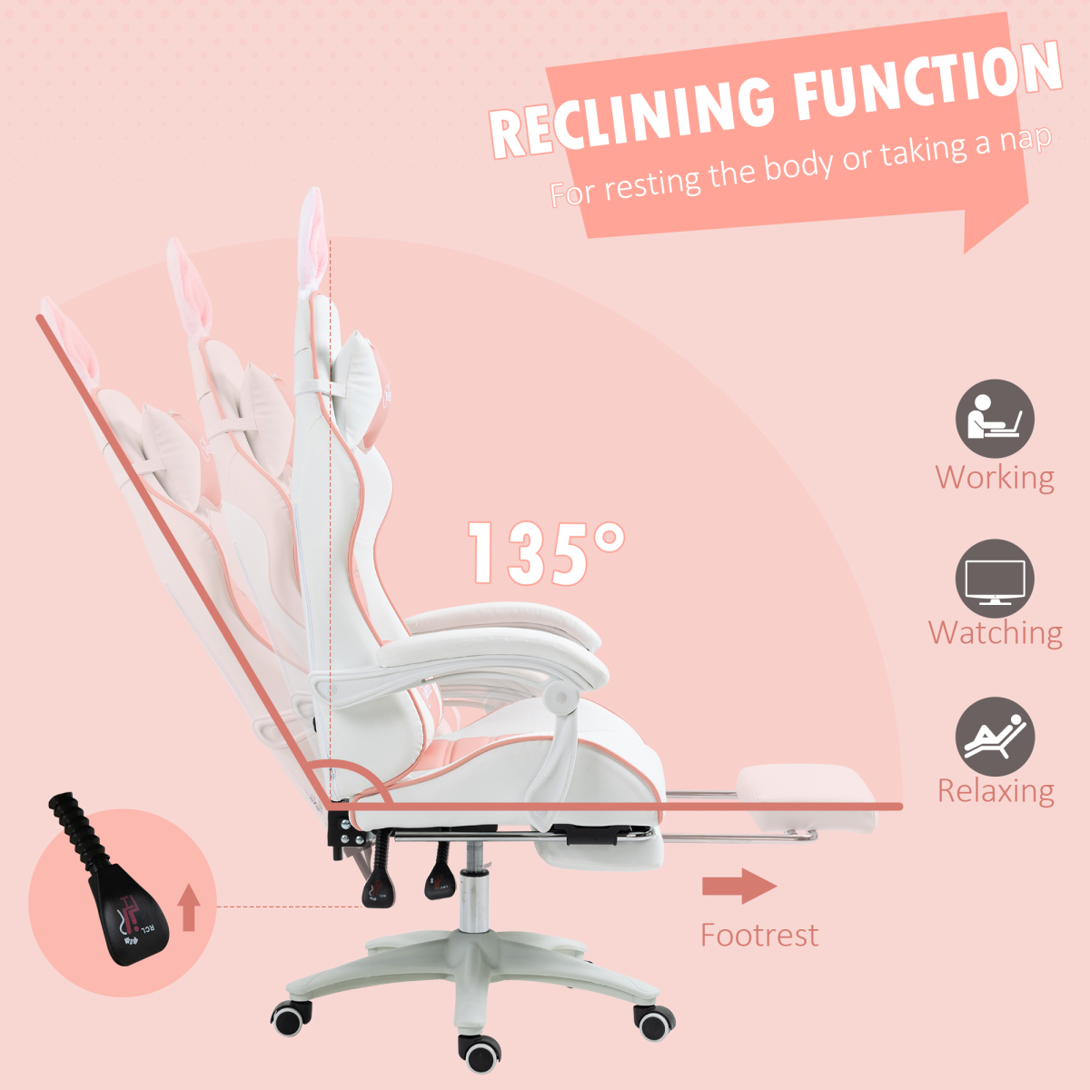 Vinsetto pink racing style gaming chair with removable footrest and rabbit ears, designed for comfort and style.