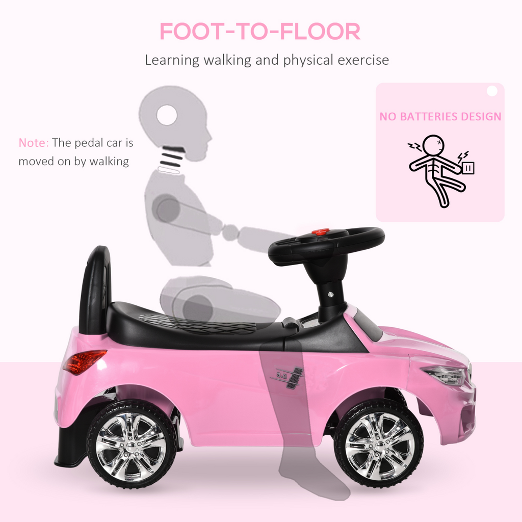 Pink HOMCOM FunZone ride-on car for toddlers, featuring a foot-to-floor design and smooth sliding capabilities.