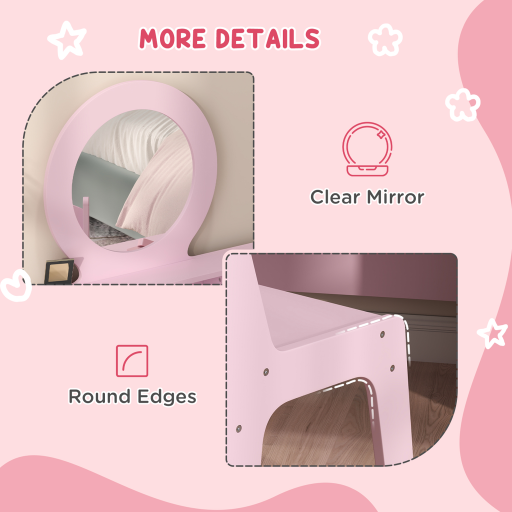 AIYAPLAY pink kids dressing table set with stool, mirror, and drawers, perfect for imaginative play and organization.
